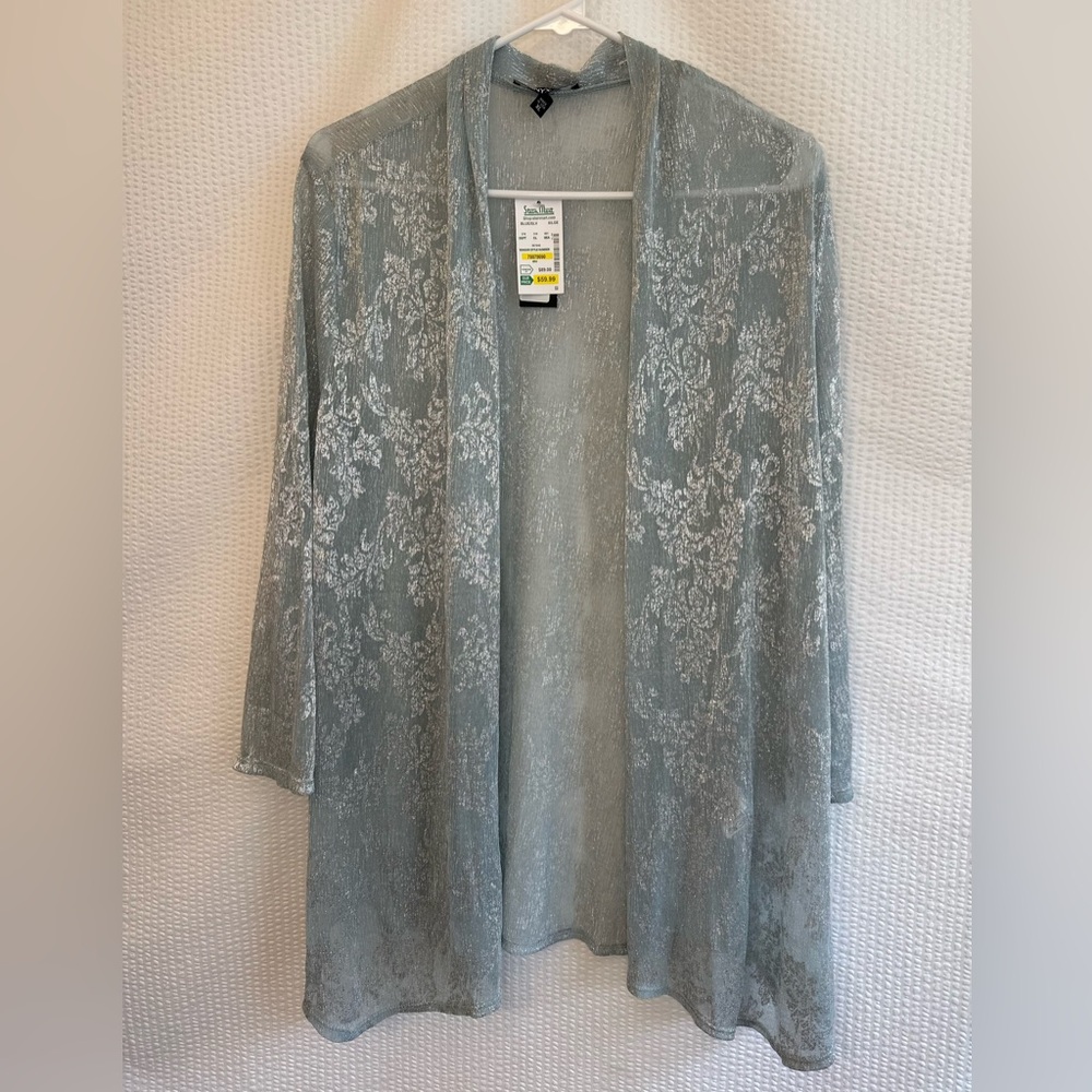 ONYX Nite Blue Silver Metallic Floral Sheer Open Front Cardigan Size XL NWT